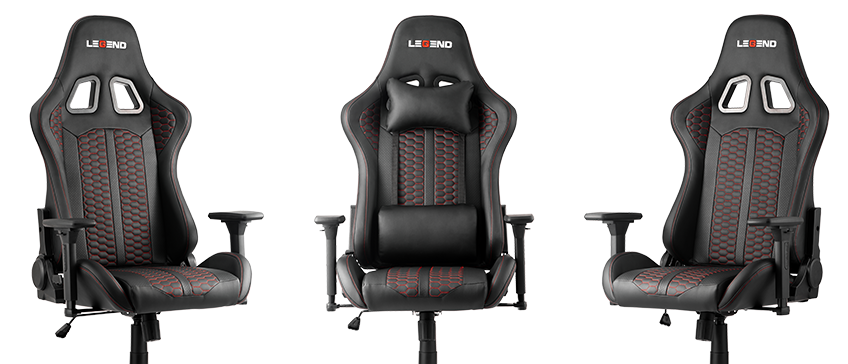 A black gaming chair with lumbar support and neck pillow 