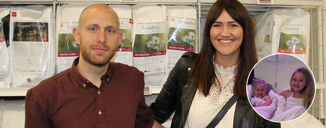 Louise and Karsten Lykke at a JYSK store with insert of their kids