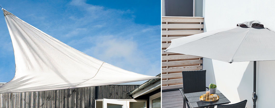 Twee verschillende manieren om een overdekt terras of balkon te krijgen - met een zonnescherm of een parasol
