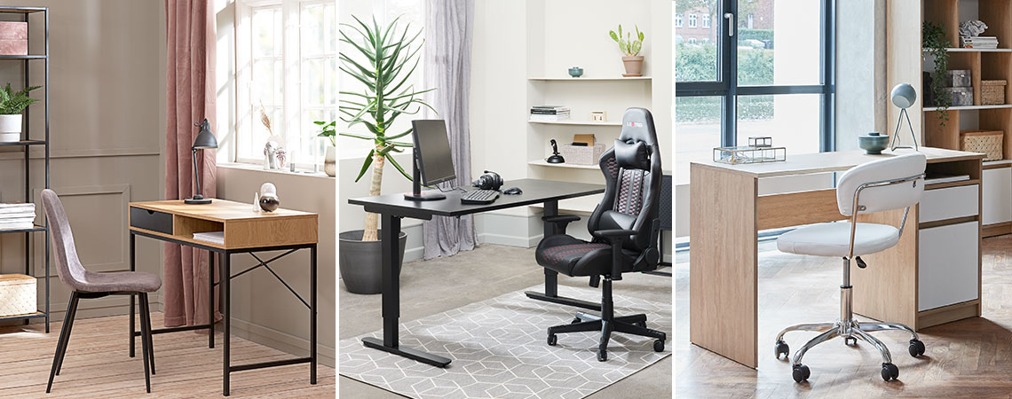 Drie verschillende soorten thuiskantoren en bureaustoelen