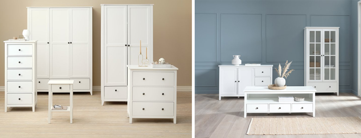 Diverse witte elegante meubelen uit de NORDBY serie