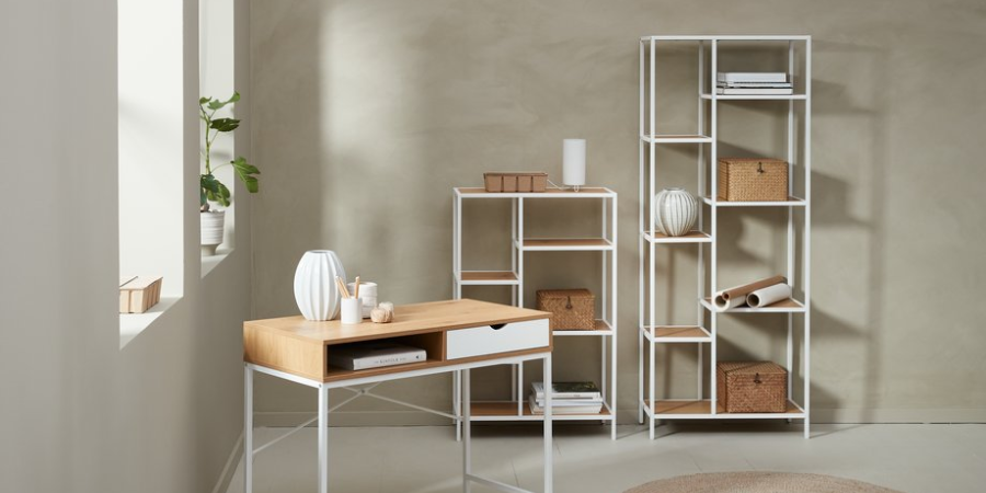 Shelving units with different storage solutions such as baskets and buckets