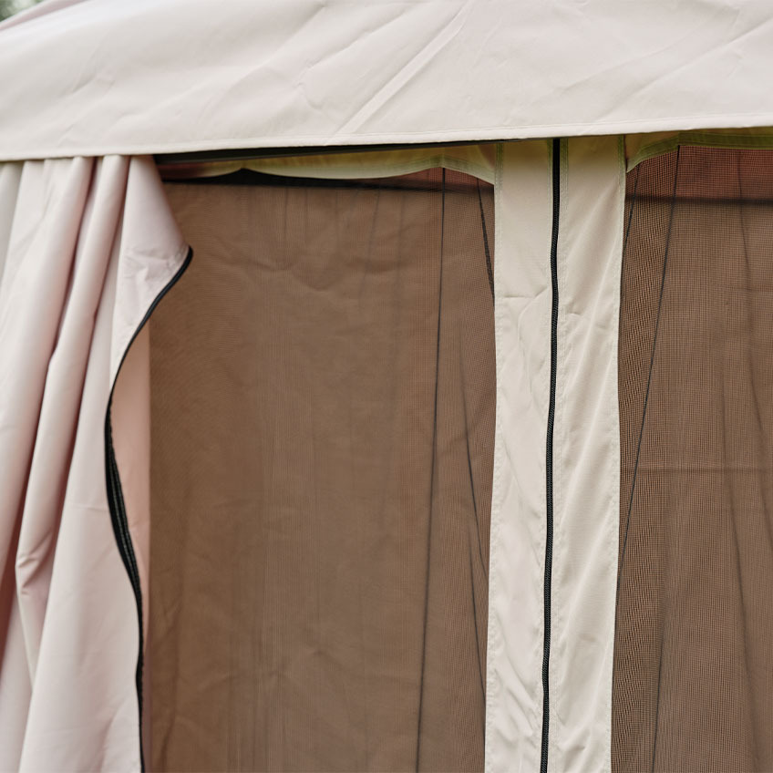 Beige partytent met zijpanelen van insectengaas 