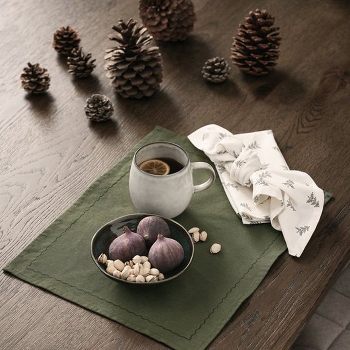 Tafel met dennenappels, placemat met kom en beker