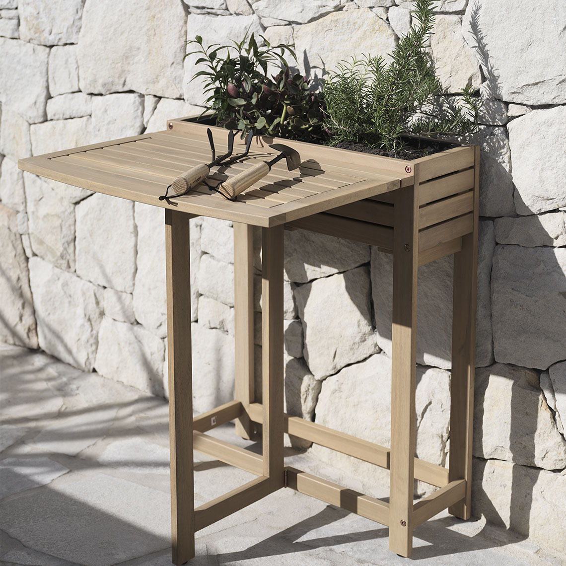 VANDREFALK klaptafel Klaptafel van hardhout met een ingebouwde plantenbak