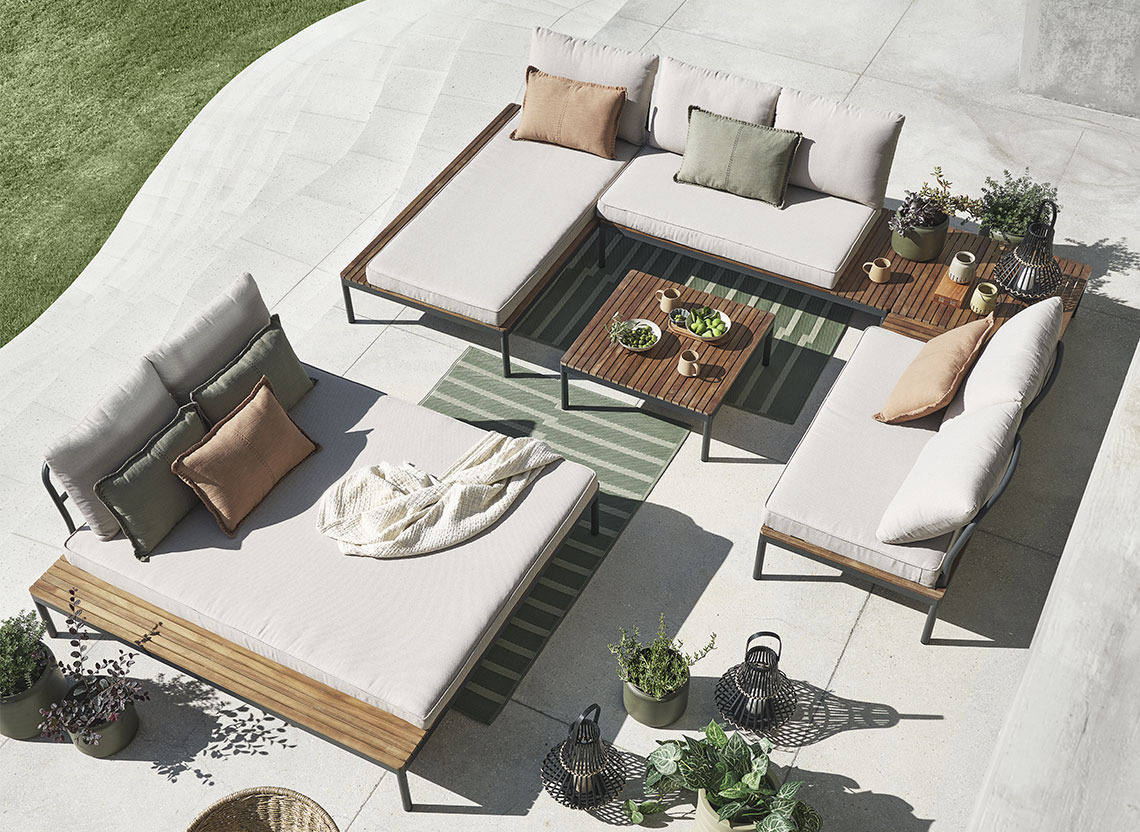 HOU modulaire loungset kan in verschillende combinaties worden samengesteld Loungeset bestaande uit verschillende modules voor op het terras