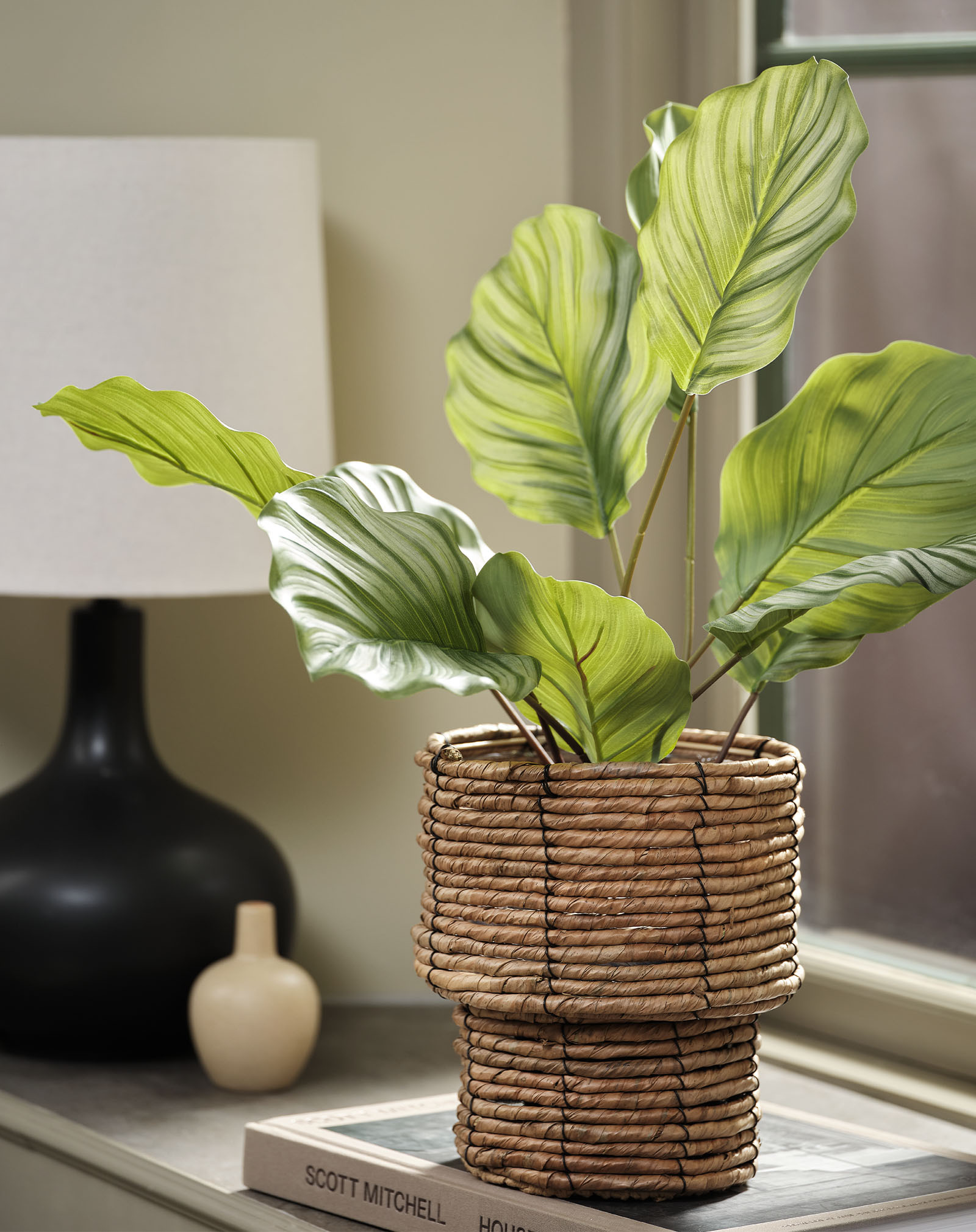 ROLF kunst calathea plant Kunstmatige plant die een Calathea plant imiteert in een geweven pot