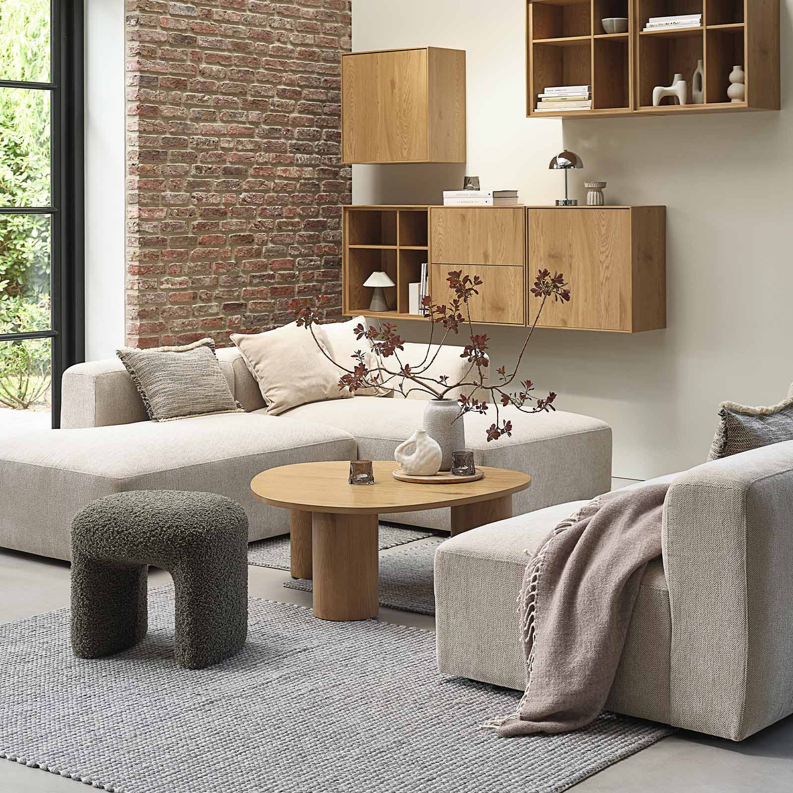SKEJBY modulaire bank Beige modulaire hoekbank met open eind in de woonkamer