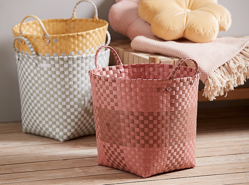 THERMAN baskets in brown, yellow and grey Baskets in brown, yellow and grey