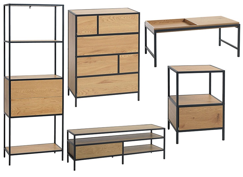 A bookcase, chest of drawers, a coffee table, a tv stand and a bedside table in oak veneer and black powder coated metal