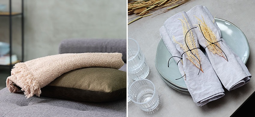 NATTLILJA throw, LILJE cushion, CLAES glasses and HARSYRA cloth napkins Use natural colours and materials in your house decoration