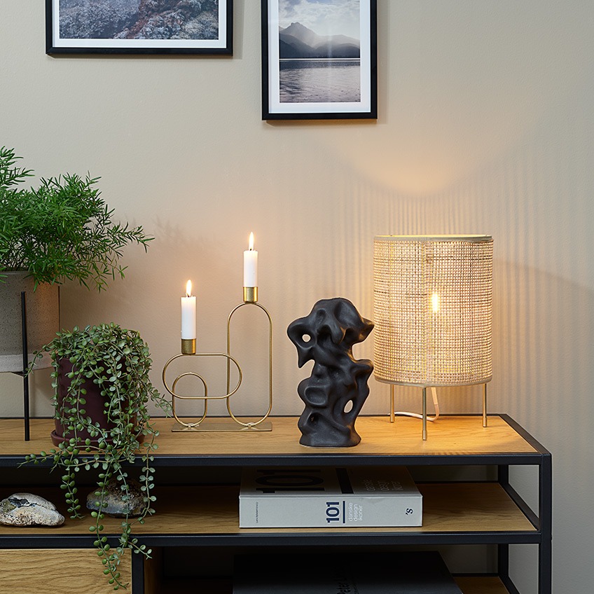 Plantenpot, kunstplanten, kandelaar, ornament en tafellamp op een TV-meubel