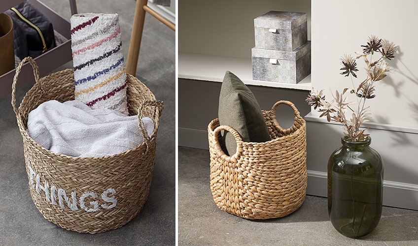Woven baskets for storage and green floor vase