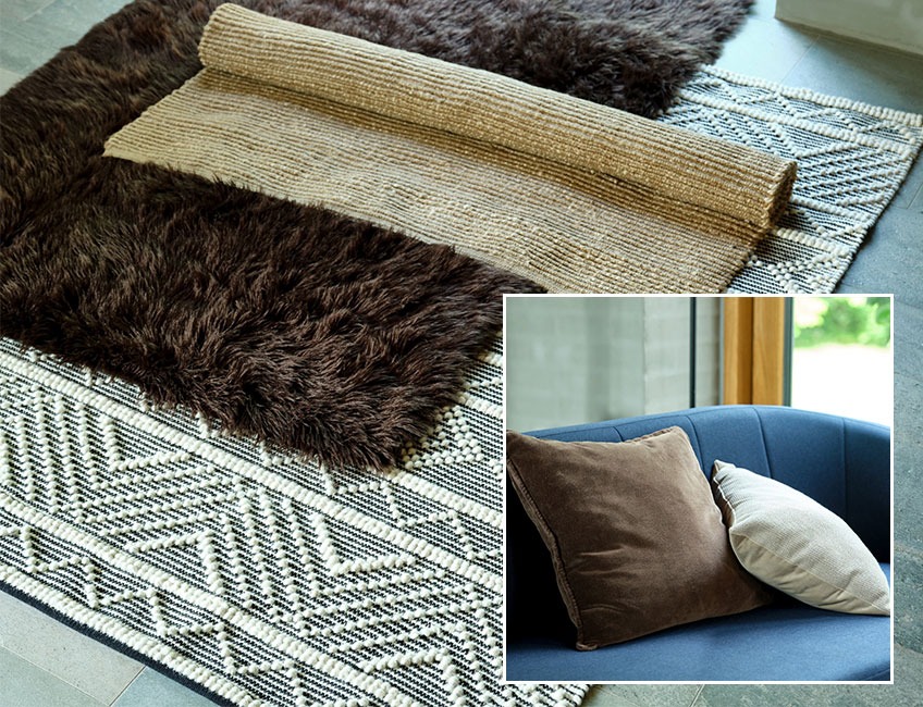 VANDMYNTE en GLORIOSA vloerkleden BERBERIS sierkussen Bruine en beige vloerkleden en decoratieve kussens in bruin en beige