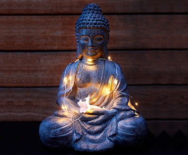 Boeddha beeld met een lichtjessnoer in de tuin